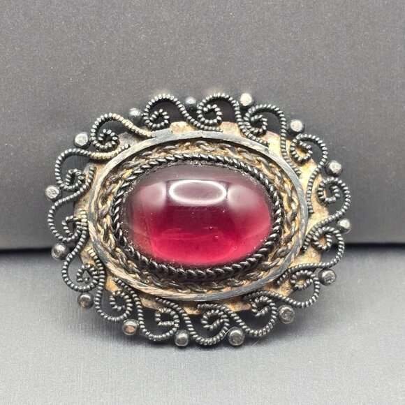 Estate Jewelry - Antique Sterling Silver Purple Glass Brooch Pendant Rope Scroll Design Edwardian